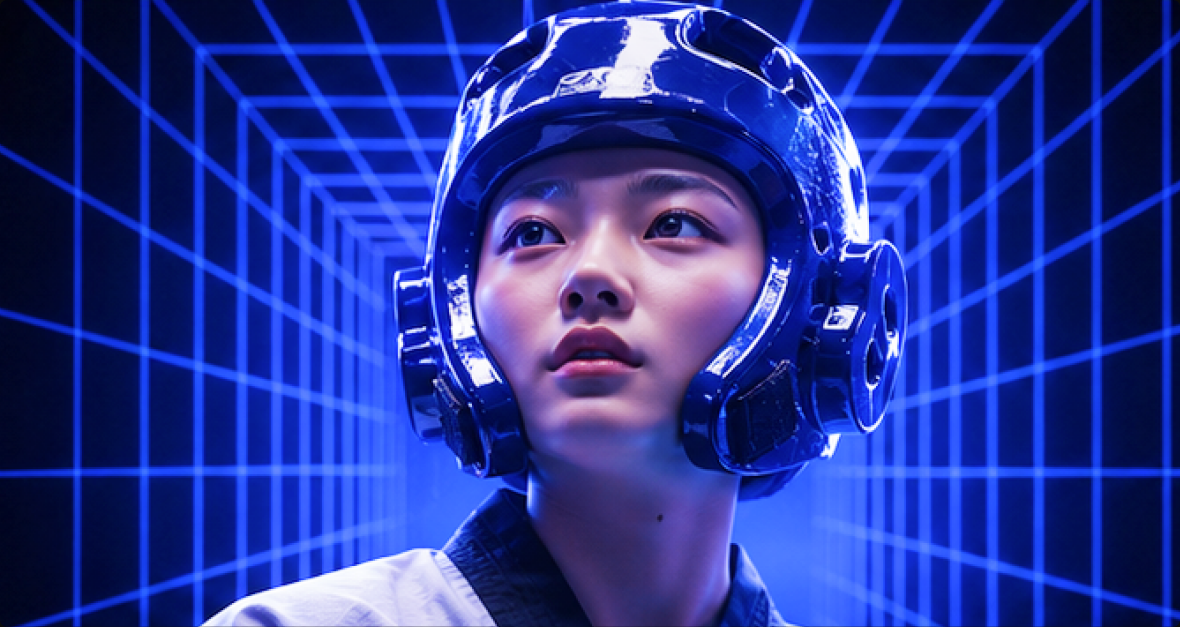 Athlete in blue protective equipment framed by a blue analytical grid